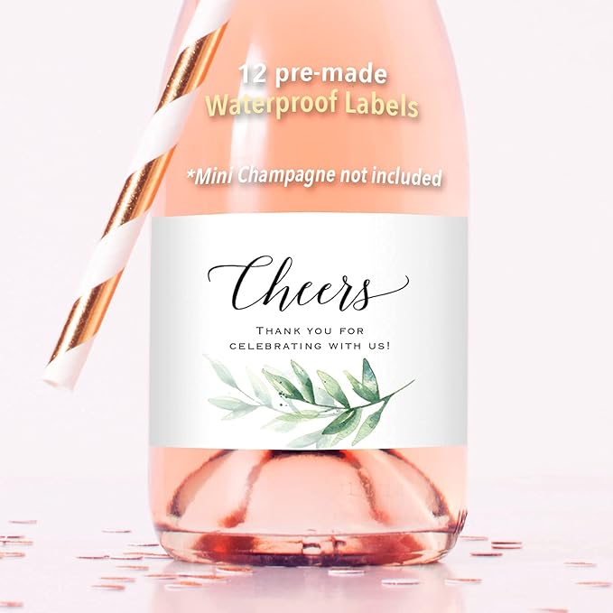 Cheers - 12 Greenery Mini Champagne Bottle Labels, Waterproof Polyester Mini Wine Bottle Labels, Green Watercolor Leaves Design for Wedding, Bridal Shower, Baby Shower, Birthday Party All Events