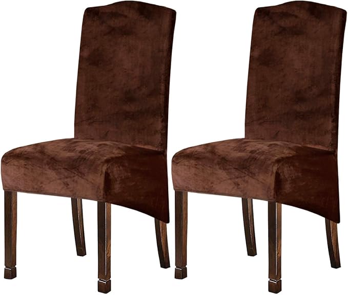 Velvet Plush XL Dining Chair Covers, Stretch Chaircover, Spandex High Chairs Protector Covers Seat Slipcover with Elastic Band for Dining Room,Wedding, Ceremony, Banquet (Coffee, Set of 2)
