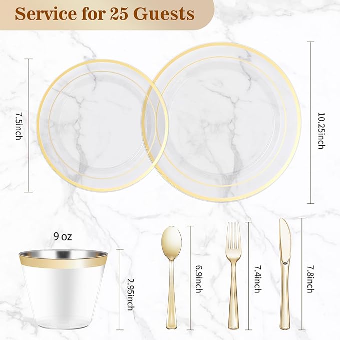 BESTVIP 150PCS Plastic Dinnerware Set (25 Guests), Clear Gold Disposable Plates for Party, Wedding, Christmas, Anniversary, Includes: Dinner Plates, Dessert Plates, Cups, Spoons, Forks and Knives