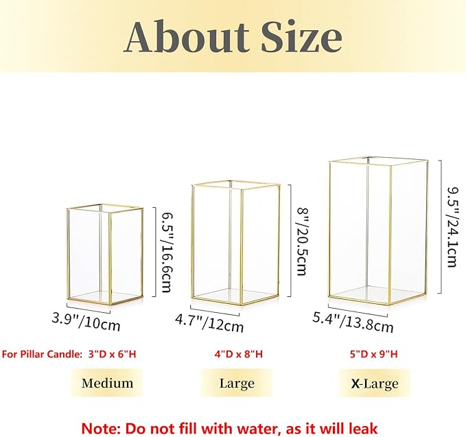 Hewory Glass Hurricane Candle Holder Set of 6, Gold Large Hurricane Centerpiece for Table, Tall Floor Square Pillar Candle Holders Lantern Set for Wedding, Anniversary, Party, Fireplace, Dining Room