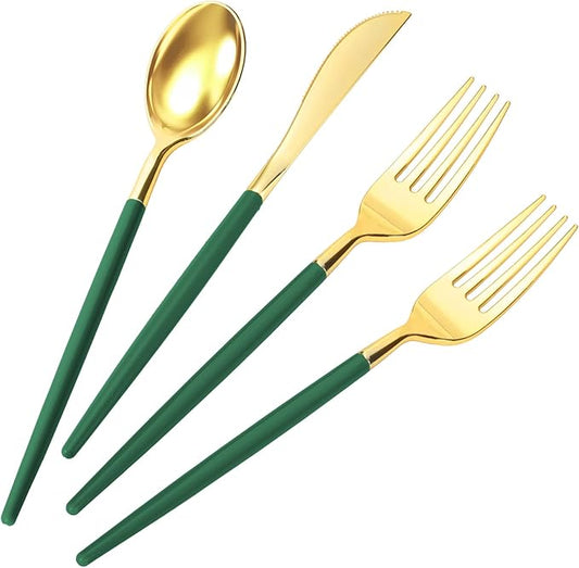 120Pcs Green and Gold Plastic Silverware, Heavy Duty Plastic Silverware Includes 40 Forks, 40 Knives, 40 Spoons, Disposable Cutlery for Birthday, Saint Patrick's Day, Graduation Party