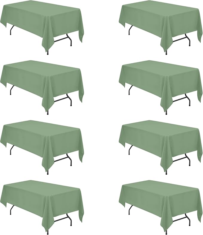 BRILLMAX 8 Pack Sage Green Tablecloths 60 x 102 Inch for 6ft Rectangle Tables - 150 GSM Polyester Fabric, 15" Standard Drop, Water, Stain & Wrinkle Resistant Cloth Cover for Wedding Dining Buffet