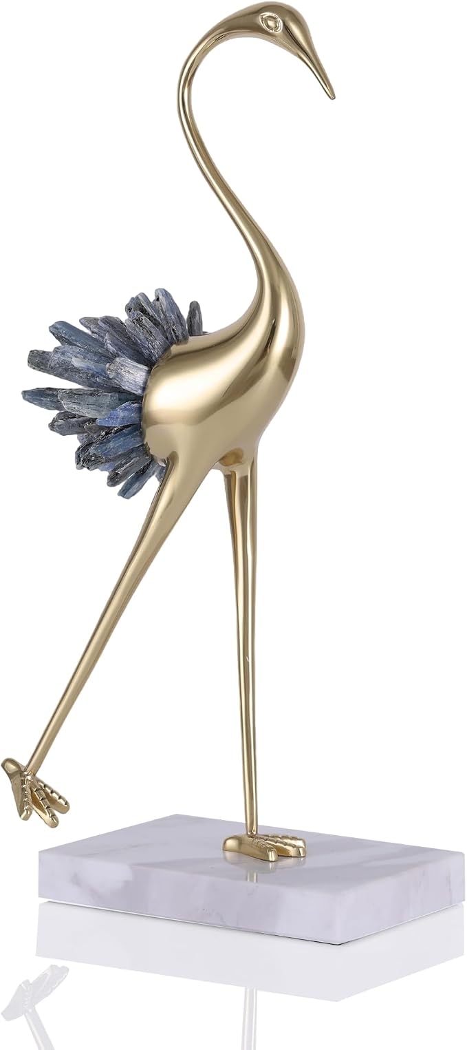 suruim Elegant Gold Crane Bird Statues with Crystal Tail Accents, Decorative Brass Figurines for Home Decor (Blue B)
