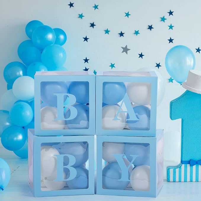 Baby Boxes with Letters for Baby Shower Decorations - 4 Transparent Balloon Boxes for Gender Reveal (Blue)