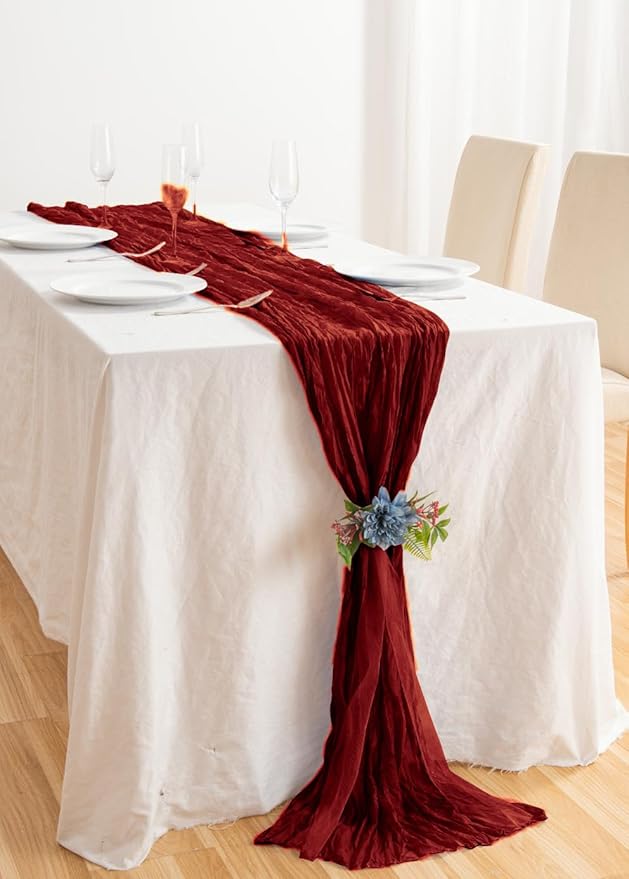 8 Pack 10Ft Table Runner 35x120 inch Burgundy Boho Gauze Table Cheese Cloth Long Wrinkled Sheer Table Runner for Wedding Bridal Shower Birthday Party Table Decor