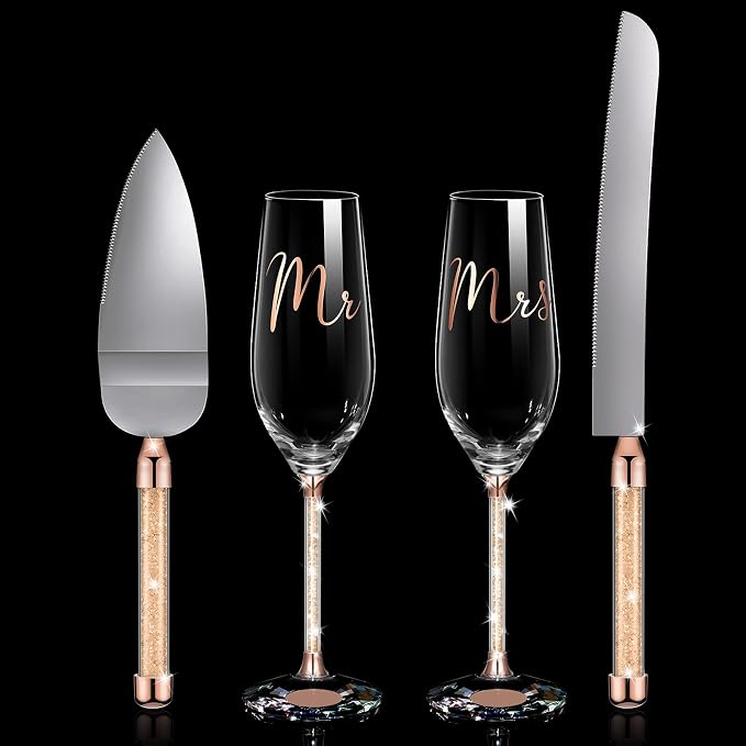 Boao 4 Piece Wedding Cake Knife and Champagne Flutes Server Set Mr and Mrs Toasting Flutes Crystal Rhinestone Cake Cutting Set for Bride and Groom Wedding Engagement Bridal Shower Gifts(Rose Gold)