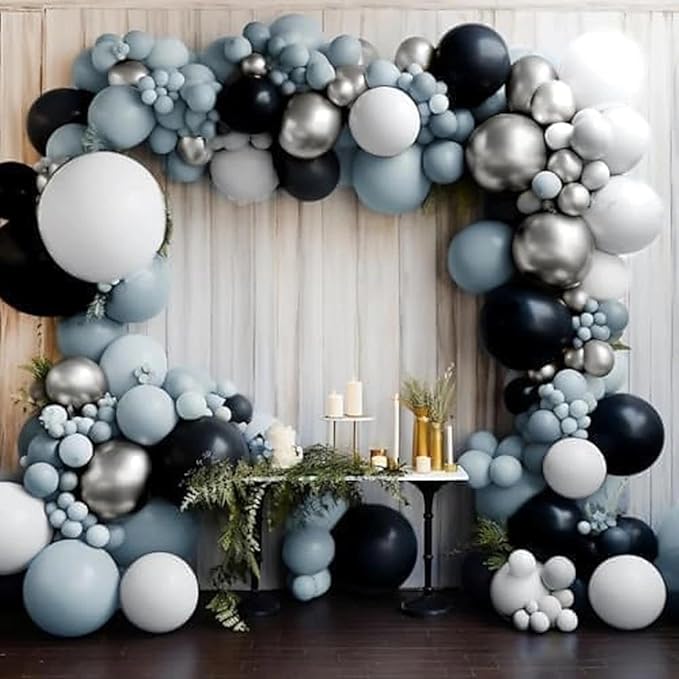 Blue Black Balloon Garland Double Stuffed Dusty Blue White Balloons Black Silver Balloon Arch for Birthday Wedding Graduation Baby Shower Anniversary Party Decorations