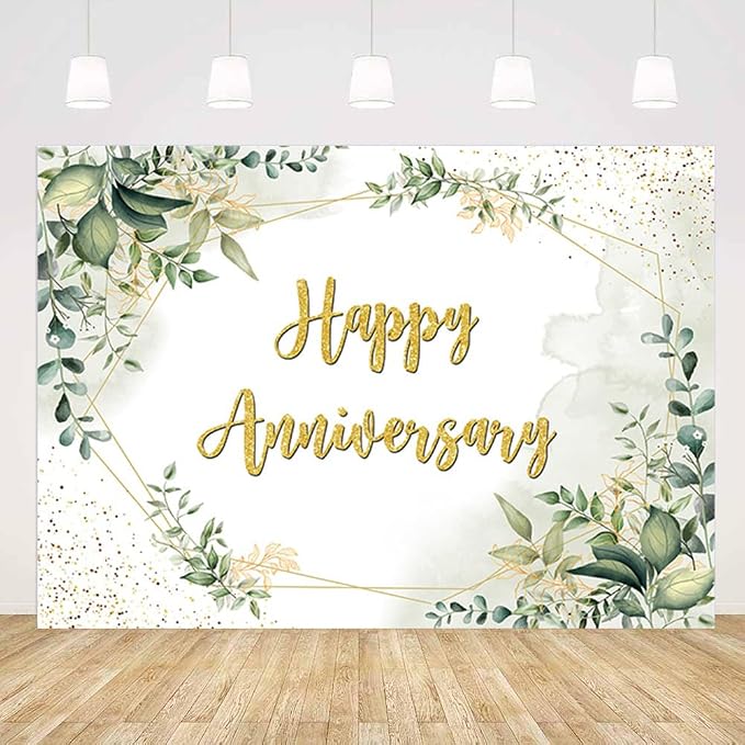 8x6ft Greenery Theme Happy Anniversary Backdrop Green Leaves Gold Glitter Wedding Photography Background for Couples Anniversary Wedding Party Engagement Decorations