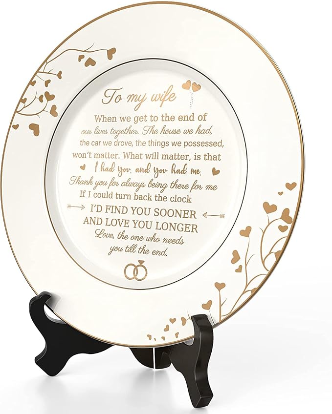 Urllinz Gifts for Wife - To My Wife Plate with 24k Gold Foil, Happy Birthday Anniversary Wedding Gift for Her from Husband, Ceramic 9"
