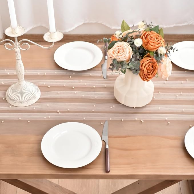 Light Peach Pearl Table Runner Boho Rustic Tulle Lace Dining Baby Shower Wedding Arch Decor Veil Dessert Holiday Centerpiece Table Decor 3pcs