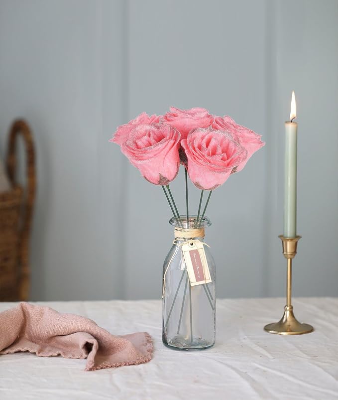 30PCS Glitter Roses Fake Peach Flowers Artificial Roses with Stems for Wedding Bouquet Party Christmas Home Decor(Peach with Silver Glitter)