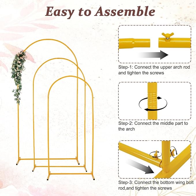 Vincidern 3pcs Metal Wedding Arch Backdrop Stand, Party Arch Stand, Balloon Arch Backdrop for Wedding Ceremony, Baby Shower, Birthday Party, Bridal Shower, Graduation Decor, Gold,7.2FT, 6.6FT, 5.9FT
