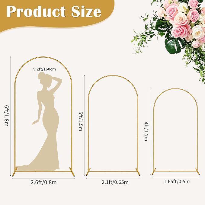 Metal Arch Backdrop Stand Set of 3 (6FT, 5FT, 4FT), Gold Wedding Arch for Ceremony, 3 Pack Balloon Arch Stand for Birthday Party, Baby Shower, Graduation, Floral Arched Frame for Event Decor