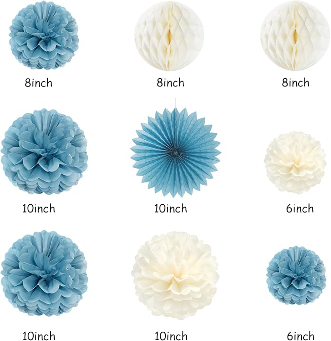 Dusty-Blue White Birthday Party-Decorations Paper-Flowers - 14pcs Happy Banner Boy Lanterns Tissue Pom Poms,Men Streamers Garland Fans Honeycomb,Baby Teen Male Kids Hanging Supplies Decor Hugfond
