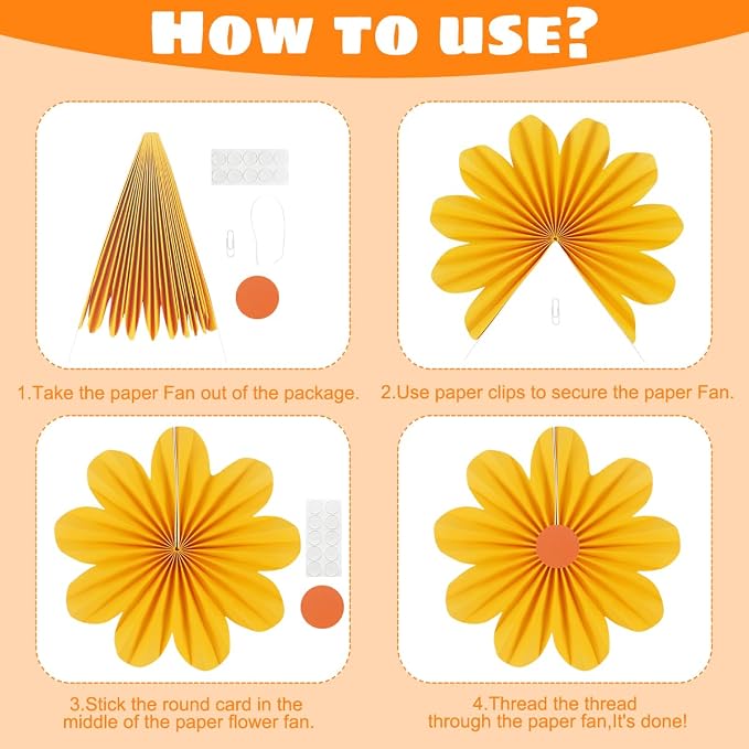 DODOKIM Paper Fans Party Decorations Paper Flowers Decorations for Wall Floral Backdrop Classroom Baby Shower Birthday Party Flower Wall Decor Pack of 9 Orange Yellow Ivory