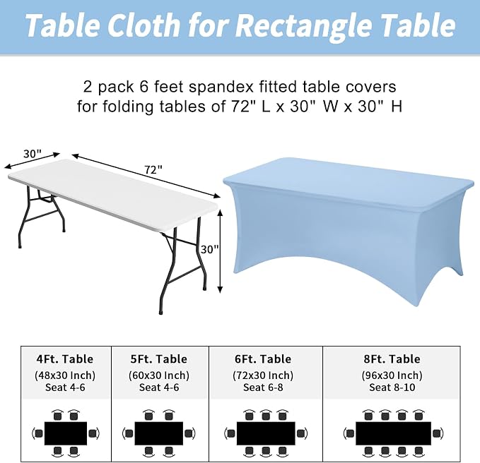 Fixwal Light Blue Stretch Table Cloth Rectangle 2 Pack 6Ft, Spandex Fitted Table Covers Washable for Party, Trade Show, Banquet, Wedding, Buffet