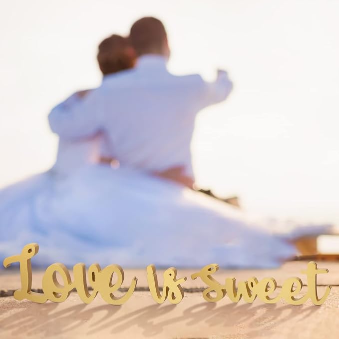 Love Is Sweet Table Decor Hollow Sign Wooden Love Is Sweet Sign for Dessert Table Freestanding Wood Is Wooden Letter Top for Wedding Shelf(Gold)