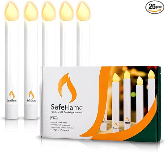 Concordia Supply SafeFlame LED Candlesticks - 6" (25-Pack) Handheld Battery Operated Candles w/Flickering Effect - Perfect for Church Services, Candlelight Vigils, and Special Events - (Amber)
