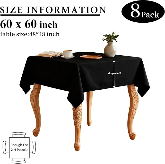 8 Packs Black Tablecloths 60x60 Inch for Square Tables, Wrinkle Resistant Polyester Fabric Tablecloth Washable Rectangular Table Covers for Dining Wedding Party Buffet