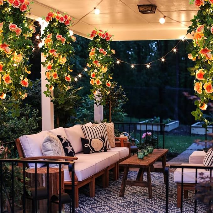 RECUTMS Artificia Hanging Rose Flower Plants, 2 PCS 37 Inches Light Pink Fake Floral Ivy Garland with 30 LED Fairy String Lights for Home Garden Wedding Bridal Shower Derby Party Indoor Outdoor Decor