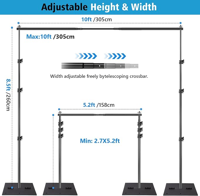 SLOW DOLPHIN Heavy Duty Backdrop Stand10ft x 8.5ft Adjustable Background Support System Kit with Steel Base for Photography, Photo Backdrop Stand for Parties Birthday, Photo Booth Video Studio