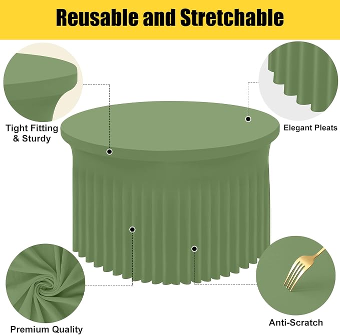 Smiry Round Spandex Tablecloth 2 Pack, Elastic Fitted Washable Tablecloths for 48 Round Tables, Waterpoof Stretch Table Cover Skirt for Outdoor, Wedding, Banquet & Parties, Sage Green