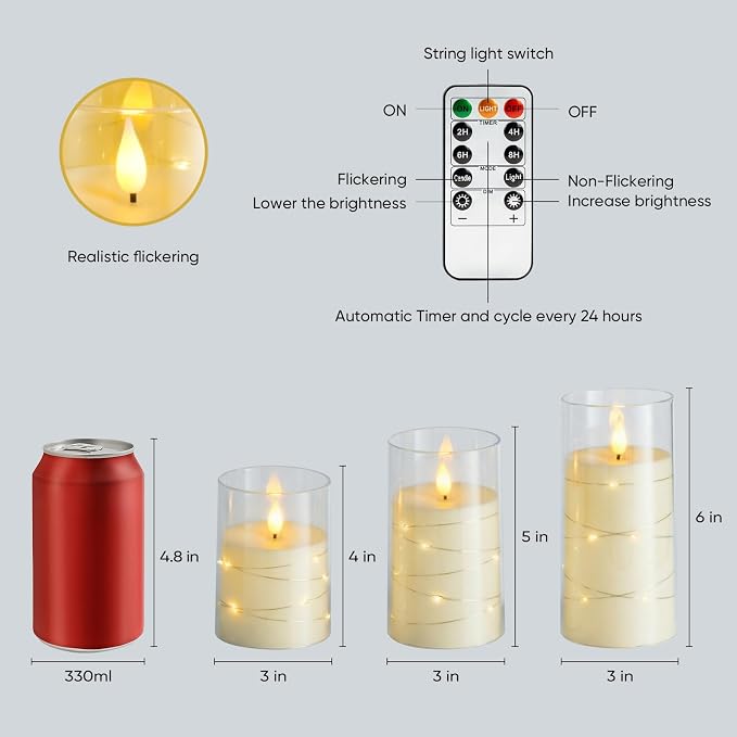 Amagic LED Flameless Candles, Battery Operated Candles with Embedded Fairy Lights, Acrylic Fake Candles with Remote and Timer for Wedding Home Decor, Ivory White, Set of 6, D3 x H4 5" 6"
