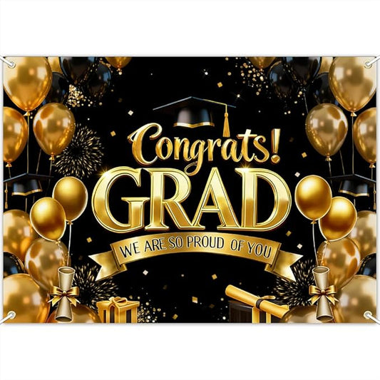 Mocsicka Graduation Banner Gold and Black Congratulations Class of 2026 Backdrop Graduation Party Decorations Photo Booth Props (8x6ft)