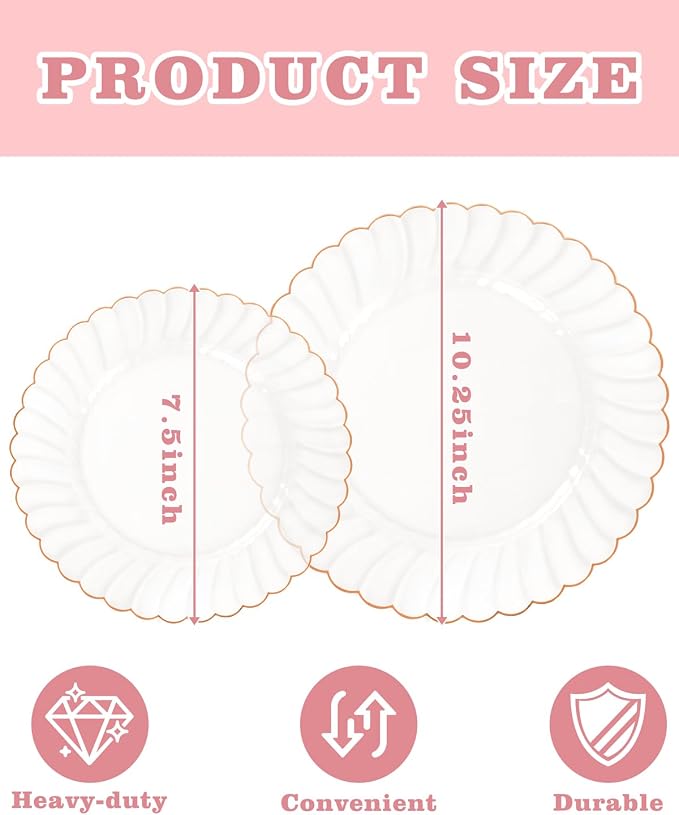 YOUBET 100PCS Rose Gold Plastic Plates - Heavy Duty Scalloped Disposable Plates Include 50 Dinner Plate, 50 Dessert Plate for Wedding & Baby Shower & Party