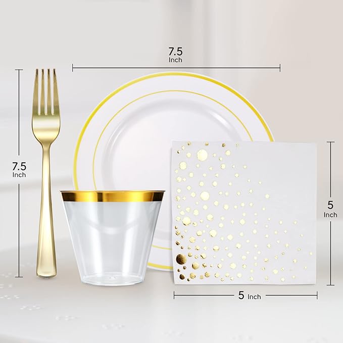 The Essential Concierge Stylish 7.5 Inch Gold Dessert Plates with Disposable Cups, Forks and Cocktail Napkins (100 Set) - White and Gold Plastic Dessert and Cake Plates for Wedding or Receptions