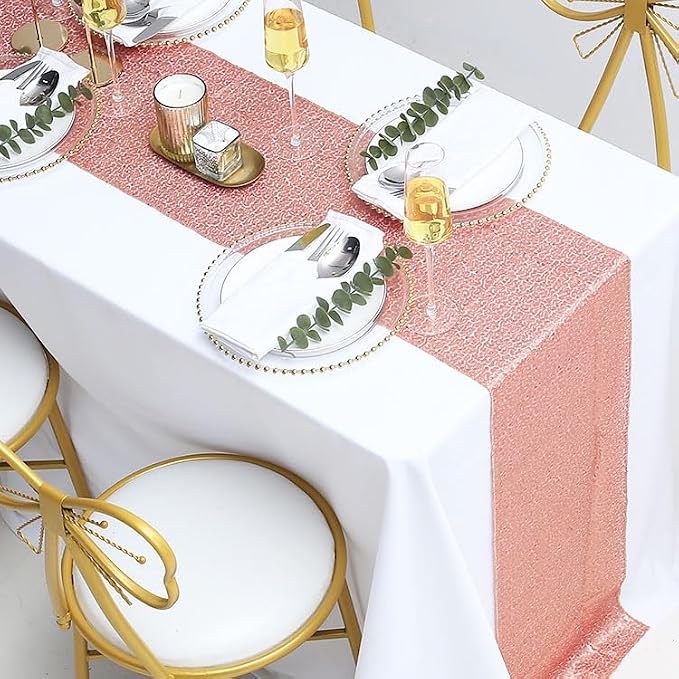 2 Pack Rose Gold Sequin Table Runner 12 x 108 Inch, High Density Sparkly Glitter Table Runners for Wedding Reception, Birthday Party, Baby Shower, Shimmering Pink Decor