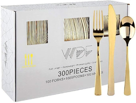 WDF300 Pieces Gold Plastic Silverware - Heavy Duty Disposable Cutlery Set Plastic Gold Silverware Set Includes 100 Forks, 100 Spoons, 100 Knives for Party Baby Shower Wedding Spring