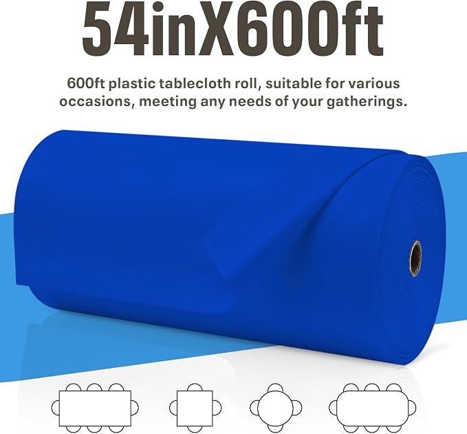 54IN X 600FT Plastic Table Cover Roll, Plastic Table Cloths for Parties, Birthday, Weddings, Banquet,Disposable Tablecloth Roll for All Shape Tables,Party Supplies(Blue, 54 Inch X 600 Feet)