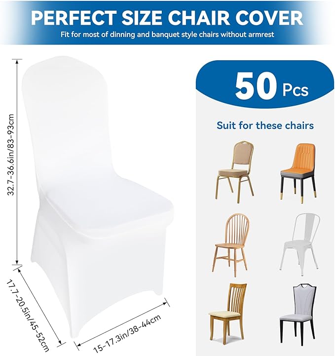 50 Pieces White Chair Covers - Versatile Stretch Polyester Spandex Dining Chair Slipcovers for Dining, Party, Wedding, Banquet, and More