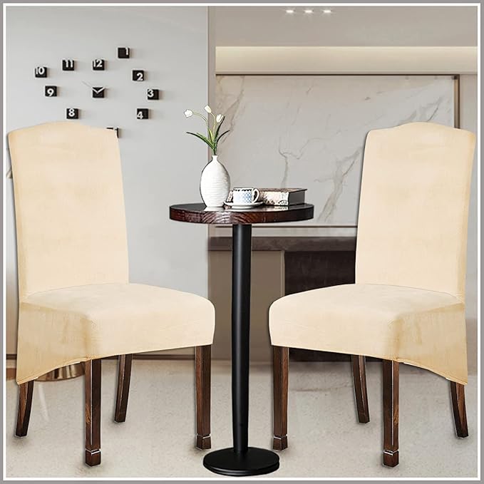 Velvet Plush XL Dining Chair Covers, Stretch Chaircover, Spandex High Chairs Protector Covers Seat Slipcover with Elastic Band for Dining Chairs (Cream Yellow, Set of 4)