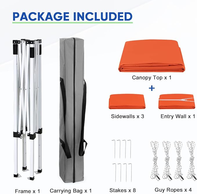 COOS BAY 5x5 Pop Up Canopy Tent with Side Walls, Easy Setup Portable Sun Shelter with Carry Bag, Outdoor Shade for Beach, Camping, Sports & Backyard, Orange