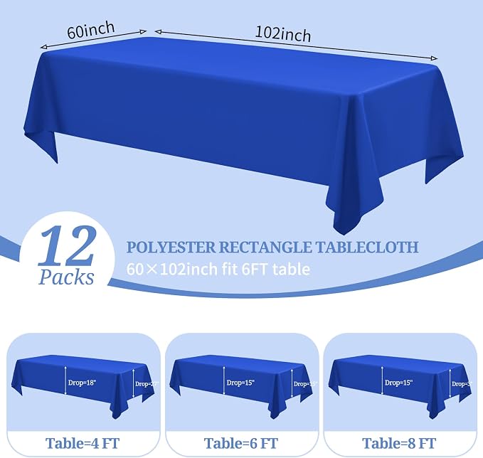 Pesonlook 12 Pack Rectangle Polyester Tablecloth-60 x 102 Inch Royal Blue Rectangle Tablecloth for 6 Ft Rectangle Tables,Washable Fabric Table Cover for Wedding/Buffet Party/Dining Table/Events