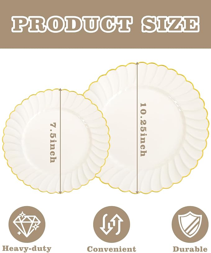 YOUBET 100PCS Ivory Scalloped Plastic Plates - Heavy Duty Gold Disposable Fancy Hard Plates Include 50 Dinner Plate, 50 Dessert Plate, for Wedding & Party