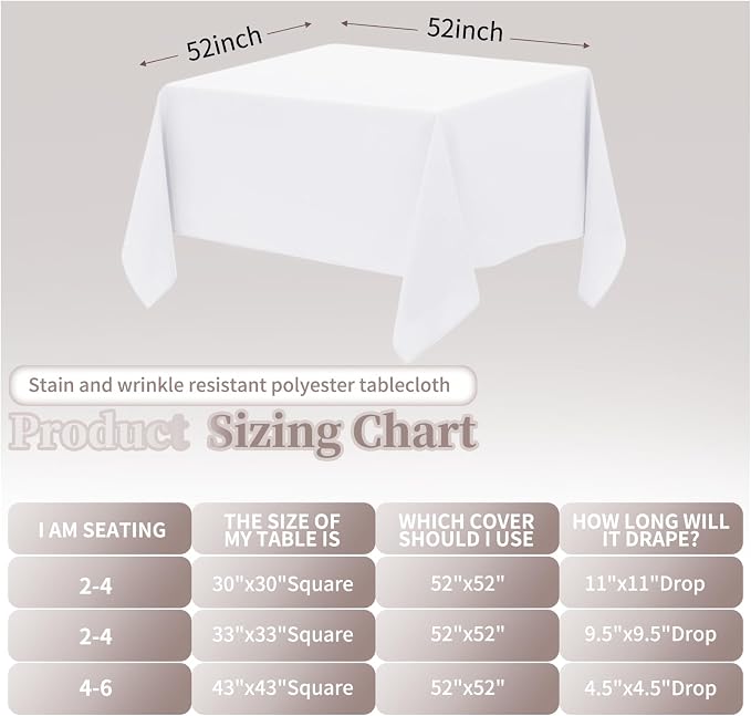 12 Pack White Tablecloths, 52 x 52 Inch Stain and Wrinkle Resistant Washable Polyester Tablecloth for Square Tables, White Tablecloth for Wedding Party Buffet