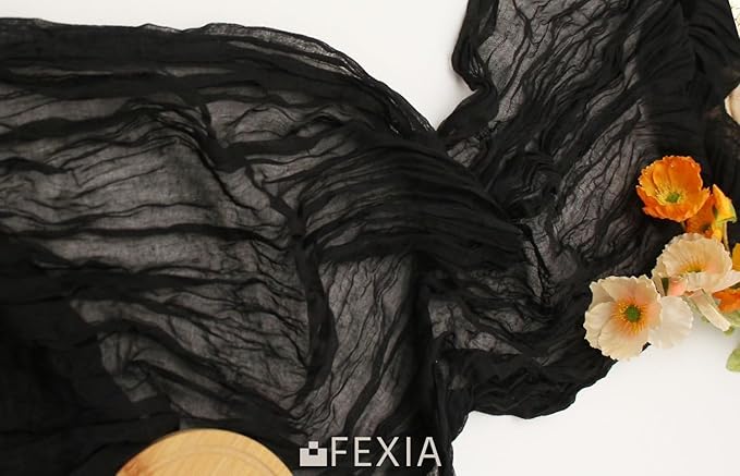 FEXIA 10 Pack Black Table Runner 35x120 Inches Gauze Rustic Gothic Farmhouse Decor for Halloween Thanksgiving Funeral First Communion Centerpiece Table Decorations (Black)