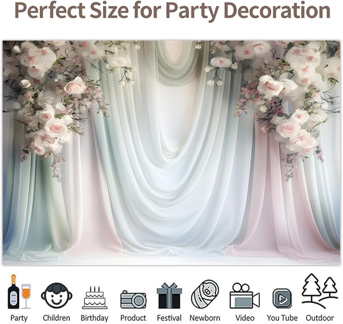 Leowefowa Floral Backdrop for Wedding Decor Pink Rose Flower White Curtain Wall Photography Background for Baby Shower Wedding Anniversary Ceremony Party Decorations Banner Studio Props 10x8ft Vinyl