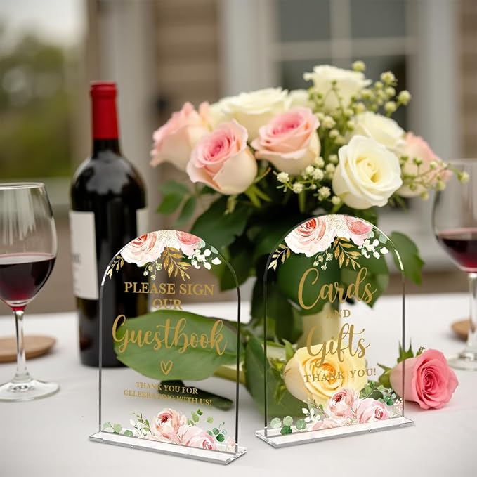 2 Pcs Acrylic Wedding Signs for Reception, Bridal Shower Decorations, Cards and Gifts Signs, Guest Book Sign, Arch Acrylic Table Top Sign with Holder for Wedding Reception (Clear Pink Flowers)