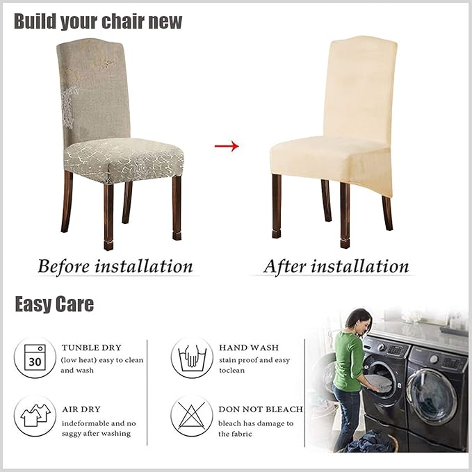 Velvet Plush XL Dining Chair Covers, Stretch Chaircover, Spandex High Chairs Protector Covers Seat Slipcover with Elastic Band for Dining Chairs (Cream, Set of 6)