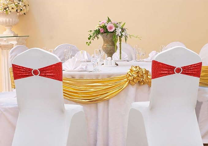 Double-Sided Sequins Red Chair Sashes for Wedding Decor, Red Sequin Chair Bands with Silver Buckles, Sequin Chair Sashes Bows for Party Ceremony Event Chair Decorations - 50 Pack