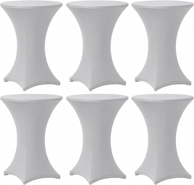 Cocktail Table Covers - 6 Pack 32x43 Inch Table Cloth - Light Grey Fitted Stretch Spandex Round High Top Tablecloth for Party, Bar, Birthday, Pub, Banquet