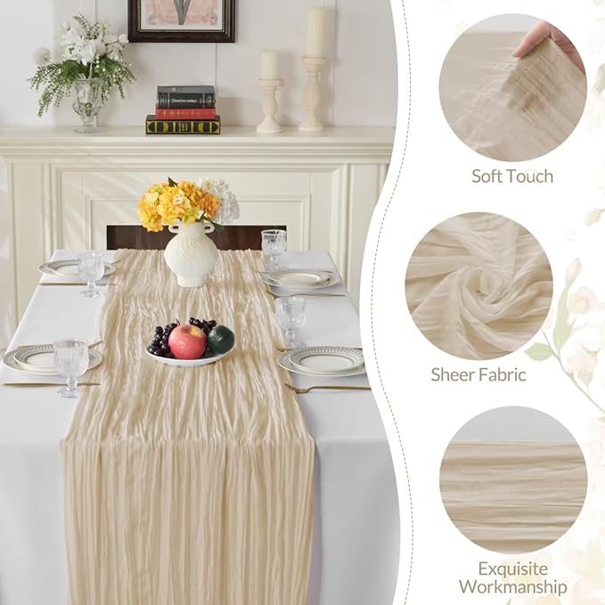 6 Pack Begie Cheesecloth Table Runner 35"×120" Gauze Fabric Table Runner Rustic Sheer Runner for Wedding Birthday Baby Shower Party Table Decoration Beige 6 Pack