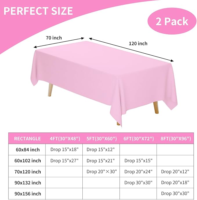 Fixwal 2 Pack Pink 70 x 120 Inch Rectangle Tablecloths, Reusable Heavy Duty Washable Polyester Table Covers for 6-8 Ft Tables, Baby Shower, Birthday, Wedding, Party, Outdoor
