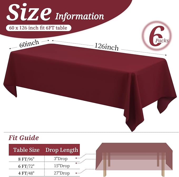 YMHPRIDE 6 Pack Burgundy Polyester Tablecloths, 60 x 126 inch, Rectangular, Stain & Wrinkle Resistant, Washable, 6FT Table Covers for Wedding, Party, Banquet