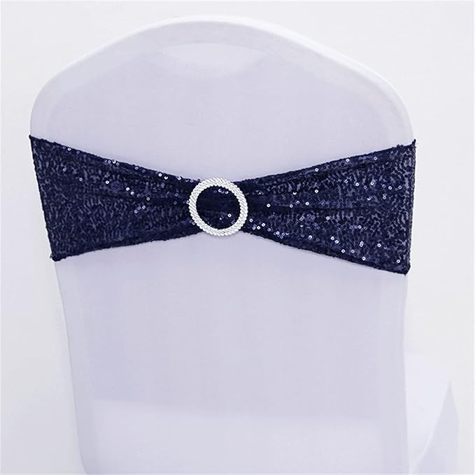 Dimatic 10 PCS Stretch Sequin Chair Sashes Chair Stretchy Spandex Bands for Wedding Reception Events Banquets Chairs Decoration (Navy)