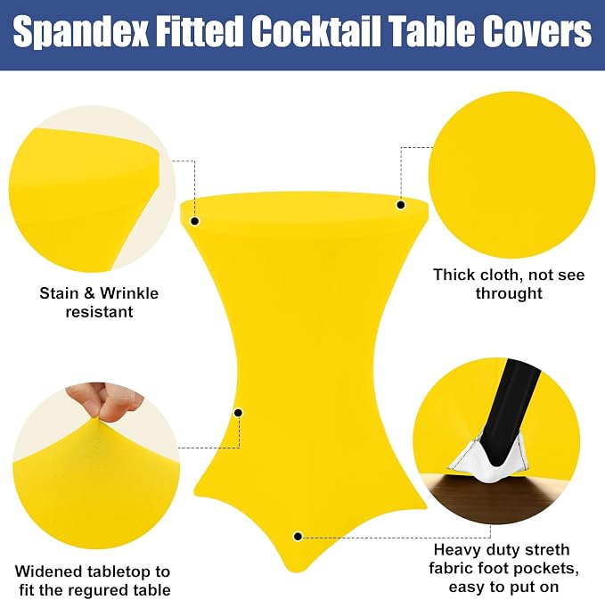 Moosfor Spandex Cocktail Table Covers 4 Pack, Elastic Fitted Stretch Table Cloth, Round High Top Tablecloths for Bar, Party, Pub, Wedding & Banquet (Yellow, 32x43 Inch)